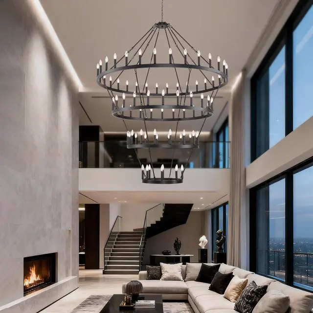 Alt view image 7 of 7 - 69.3 inch 4 Tiers Wagon Wheel Chandelier Farmhouse 80-Lights , Black Metal Chandeliers 4-Story Light Fixtures industrial for High Ceiling Living Dining Room Foyer. Adjustable Height-E12-Matte Black