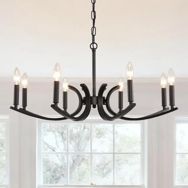 Alt view image 2 of 7 - 8-Light Farmhouse Chandelier, Black Metal Chandeliers Light Fixtures industrial for High Ceiling Living Dining Room Foyer. Adjustable Height-E12