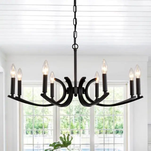 Main image of 8-Light Farmhouse Chandelier, Black Metal Chandeliers Light Fixtures industrial for High Ceiling Living Dining Room Foyer. Adjustable Height-E12