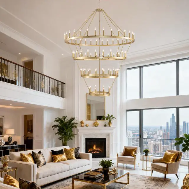 Alt view image 7 of 7 - 69.3 inch 4 Tiers Wagon Wheel Chandelier Farmhouse 80-Light , Gold Color Metal Chandeliers 4-Story Light Fixtures industrial for High Ceiling Living Dining Room Foyer. Adjustable Height-E12