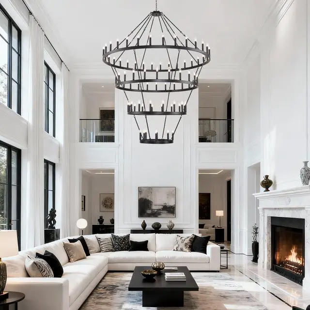 Alt view image 3 of 7 - 69.3 inch 4 Tiers Wagon Wheel Chandelier Farmhouse 80-Lights , Black Metal Chandeliers 4-Story Light Fixtures industrial for High Ceiling Living Dining Room Foyer. Adjustable Height-E12-Matte Black