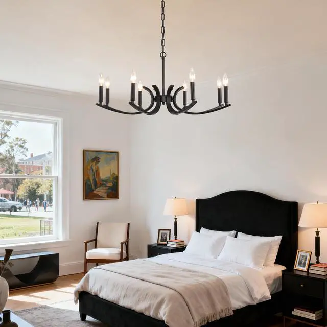 Alt view image 3 of 7 - 8-Light Farmhouse Chandelier, Black Metal Chandeliers Light Fixtures industrial for High Ceiling Living Dining Room Foyer. Adjustable Height-E12