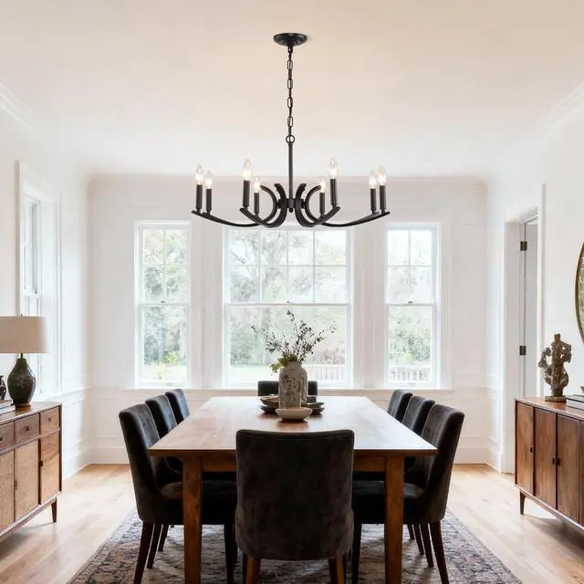 Alt view image 4 of 7 - 8-Light Farmhouse Chandelier, Black Metal Chandeliers Light Fixtures industrial for High Ceiling Living Dining Room Foyer. Adjustable Height-E12