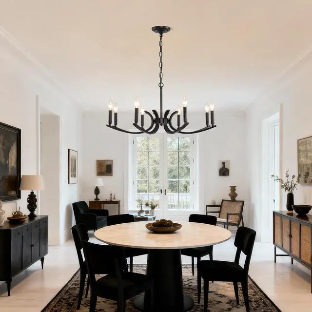 Alt view image 6 of 7 - 8-Light Farmhouse Chandelier, Black Metal Chandeliers Light Fixtures industrial for High Ceiling Living Dining Room Foyer. Adjustable Height-E12