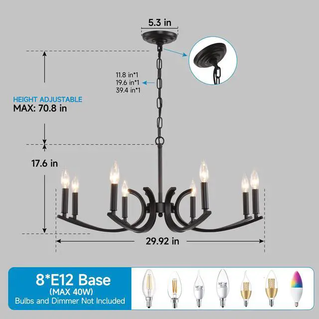 Alt view image 7 of 7 - 8-Light Farmhouse Chandelier, Black Metal Chandeliers Light Fixtures industrial for High Ceiling Living Dining Room Foyer. Adjustable Height-E12