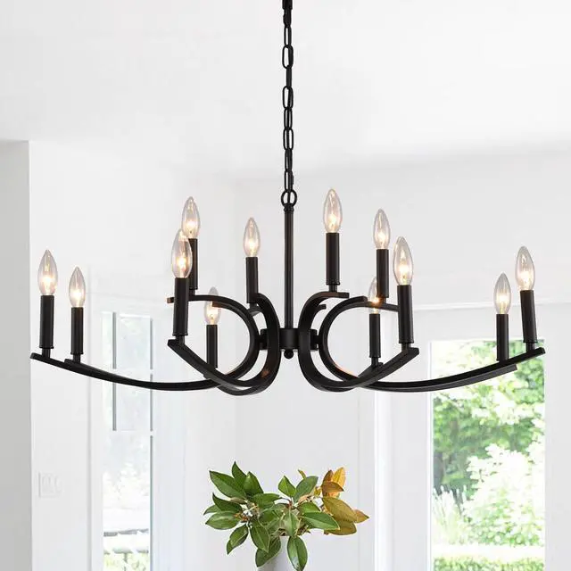 Main image of 12-Light Farmhouse Chandelier, Black Metal Chandeliers Light Fixtures industrial for High Ceiling Living Dining Room Foyer. Adjustable Height-E12 (No included Bulb)