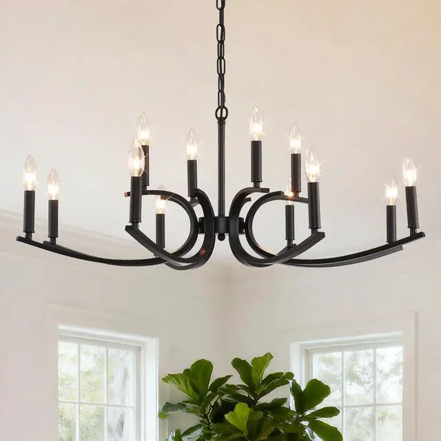 Alt view image 2 of 7 - 12-Light Farmhouse Chandelier, Black Metal Chandeliers Light Fixtures industrial for High Ceiling Living Dining Room Foyer. Adjustable Height-E12 (No included Bulb)
