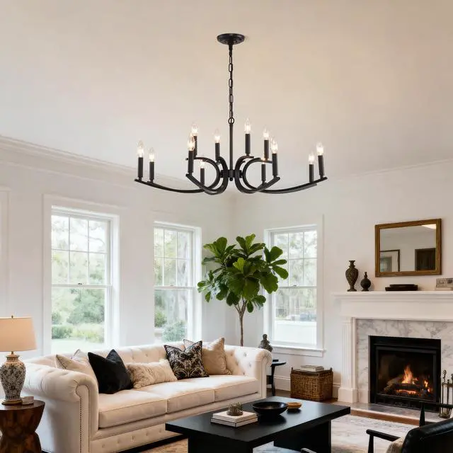 Alt view image 3 of 7 - 12-Light Farmhouse Chandelier, Black Metal Chandeliers Light Fixtures industrial for High Ceiling Living Dining Room Foyer. Adjustable Height-E12 (No included Bulb)