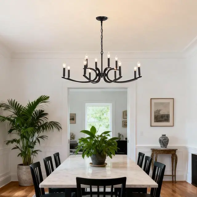Alt view image 5 of 7 - 12-Light Farmhouse Chandelier, Black Metal Chandeliers Light Fixtures industrial for High Ceiling Living Dining Room Foyer. Adjustable Height-E12 (No included Bulb)