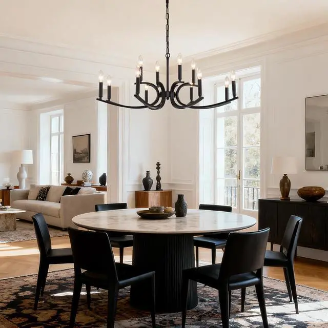 Alt view image 4 of 7 - 12-Light Farmhouse Chandelier, Black Metal Chandeliers Light Fixtures industrial for High Ceiling Living Dining Room Foyer. Adjustable Height-E12 (No included Bulb)