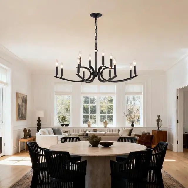 Alt view image 6 of 7 - 12-Light Farmhouse Chandelier, Black Metal Chandeliers Light Fixtures industrial for High Ceiling Living Dining Room Foyer. Adjustable Height-E12 (No included Bulb)