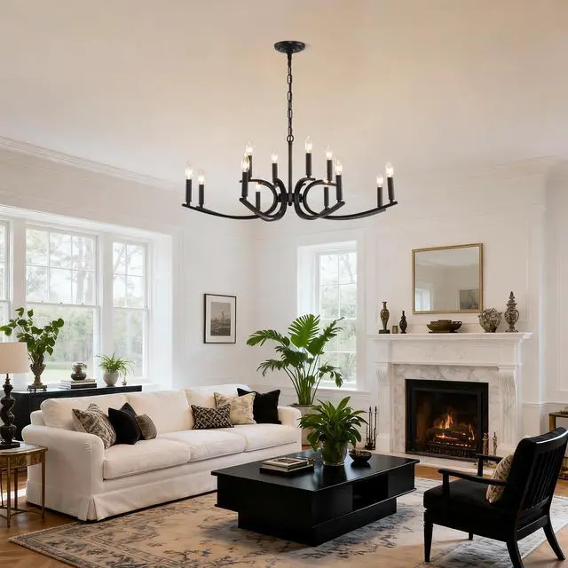 Alt view image 7 of 7 - 12-Light Farmhouse Chandelier, Black Metal Chandeliers Light Fixtures industrial for High Ceiling Living Dining Room Foyer. Adjustable Height-E12 (No included Bulb)