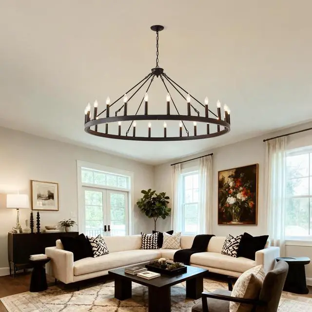 Alt view image 5 of 7 - 53.15 inch Matte Black Wagon Wheel Chandelier with 24 Light(No Bulbs)-E12