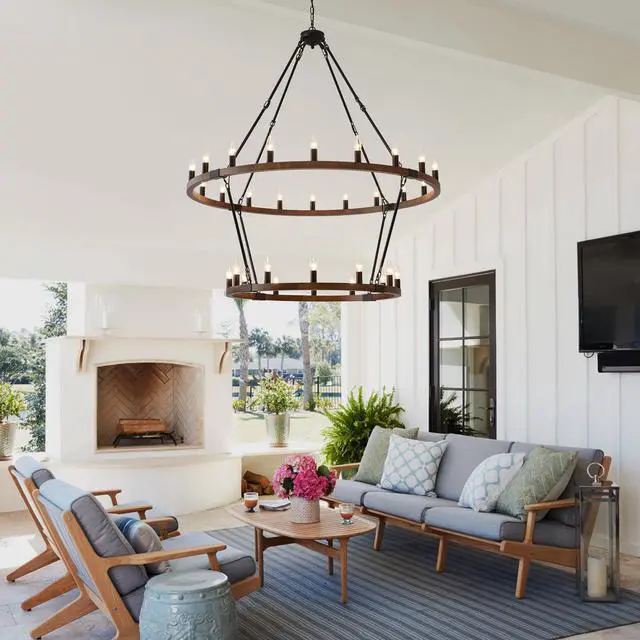 Main image of Large Solid Wood Wagon Wheel Chandelier,2Tier 32-Lights Farmhouse industrial Country Style Round Pendant Light Fixture for Outdoor Porch High Ceilings Living Dining Room Foyer Entryway-Wood Grain