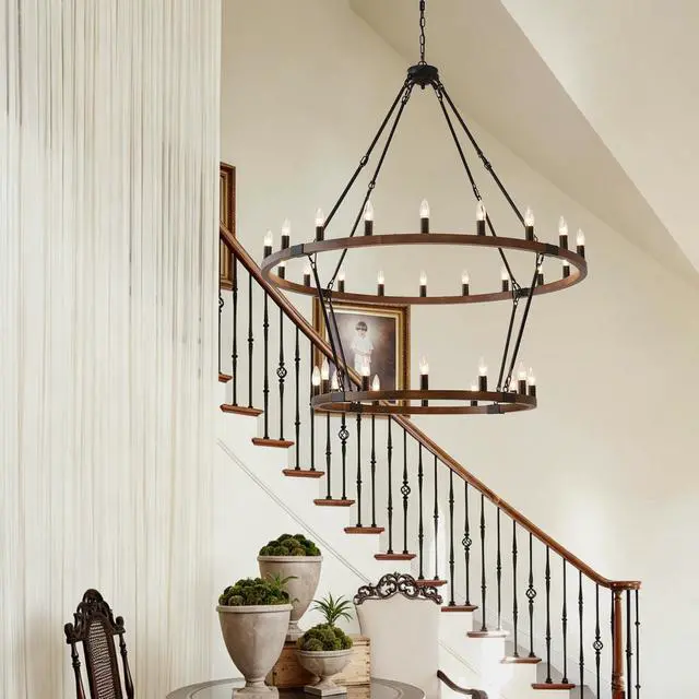Alt view image 2 of 7 - Large Solid Wood Wagon Wheel Chandelier,2Tier 32-Lights Farmhouse industrial Country Style Round Pendant Light Fixture for Outdoor Porch High Ceilings Living Dining Room Foyer Entryway-Wood Grain