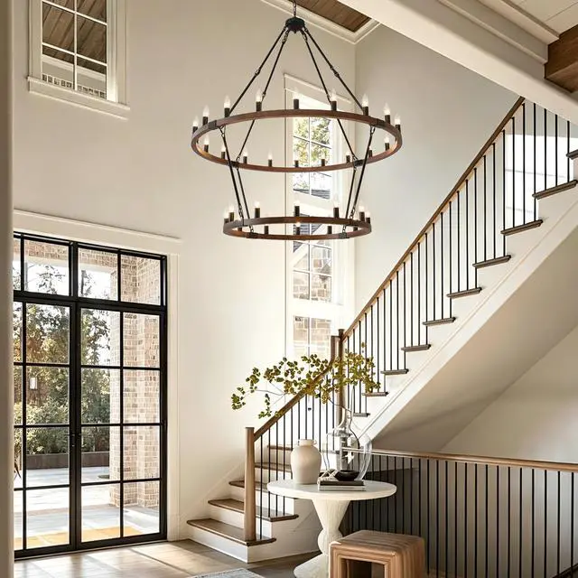 Alt view image 4 of 7 - Large Solid Wood Wagon Wheel Chandelier,2Tier 32-Lights Farmhouse industrial Country Style Round Pendant Light Fixture for Outdoor Porch High Ceilings Living Dining Room Foyer Entryway-Wood Grain