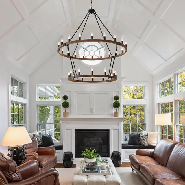 Alt view image 7 of 7 - Large Solid Wood Wagon Wheel Chandelier,2Tier 32-Lights Farmhouse industrial Country Style Round Pendant Light Fixture for Outdoor Porch High Ceilings Living Dining Room Foyer Entryway-Wood Grain