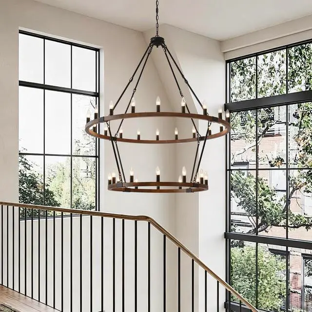 Alt view image 5 of 7 - Large Solid Wood Wagon Wheel Chandelier,2Tier 32-Lights Farmhouse industrial Country Style Round Pendant Light Fixture for Outdoor Porch High Ceilings Living Dining Room Foyer Entryway-Wood Grain