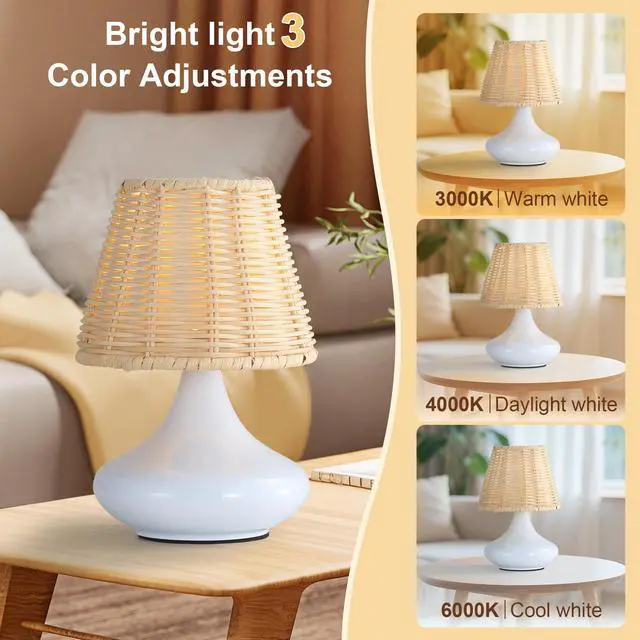 Alt view image 3 of 7 - White Woven Bamboo Table Lamp Dimmable Desk Lamp Night Light with Iron Base & Three Color Temperatures