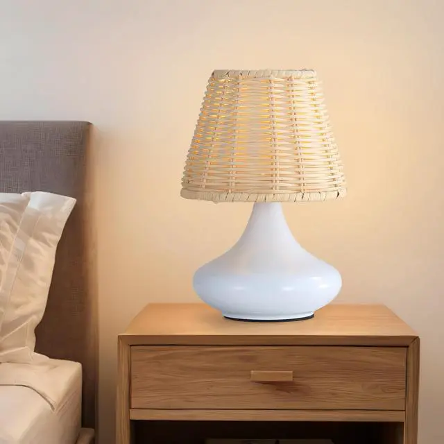 Alt view image 4 of 7 - White Woven Bamboo Table Lamp Dimmable Desk Lamp Night Light with Iron Base & Three Color Temperatures