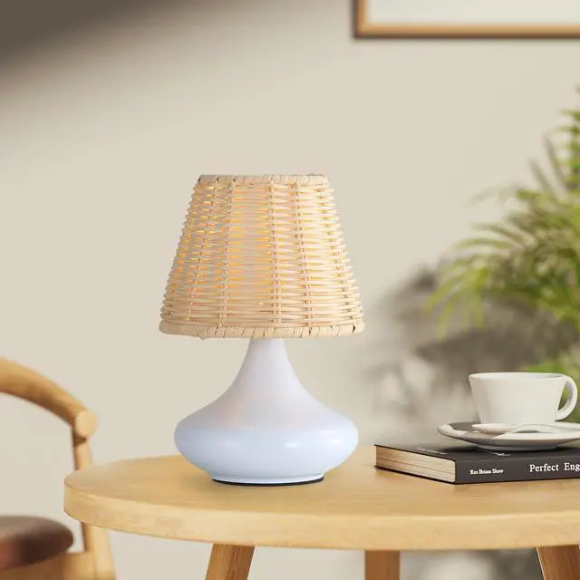Alt view image 5 of 7 - White Woven Bamboo Table Lamp Dimmable Desk Lamp Night Light with Iron Base & Three Color Temperatures