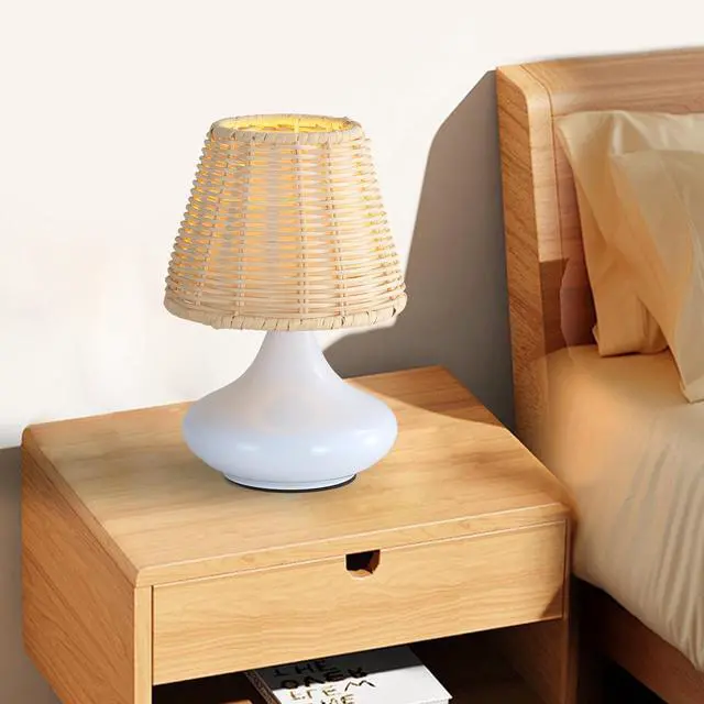 Alt view image 6 of 7 - White Woven Bamboo Table Lamp Dimmable Desk Lamp Night Light with Iron Base & Three Color Temperatures