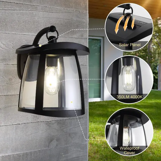 Alt view image 6 of 7 - Black Ip54 Waterproof Solar Wall Lanterns, 4 Lighting Modes with Button Control, Outdoor Hanging Lights with 2 Solar Panels