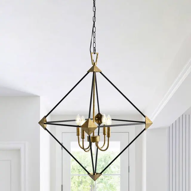 Alt view image 2 of 7 - Modern 4-Light Metal Hanging Lantern Pendant Light Fixtures Matte Black & Antique Gold Finish Lantern Chandeliers (E12 Bulbs Not included)