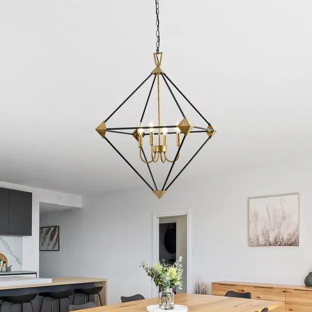 Alt view image 3 of 7 - Modern 4-Light Metal Hanging Lantern Pendant Light Fixtures Matte Black & Antique Gold Finish Lantern Chandeliers (E12 Bulbs Not included)