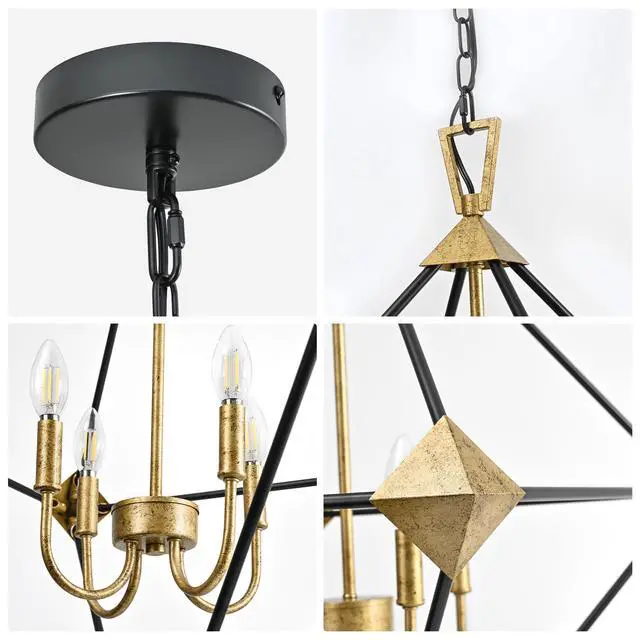 Alt view image 5 of 7 - Modern 4-Light Metal Hanging Lantern Pendant Light Fixtures Matte Black & Antique Gold Finish Lantern Chandeliers (E12 Bulbs Not included)