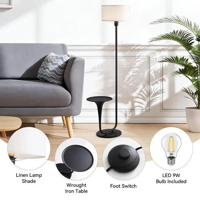 Alt view image 5 of 7 - 146Cm (57.5 inches) Dimmable Floor Lamp with Table, Vintage Standing Light with Tray and Foot Switch, Bulb included, Ideal for Living Room & Bedroom