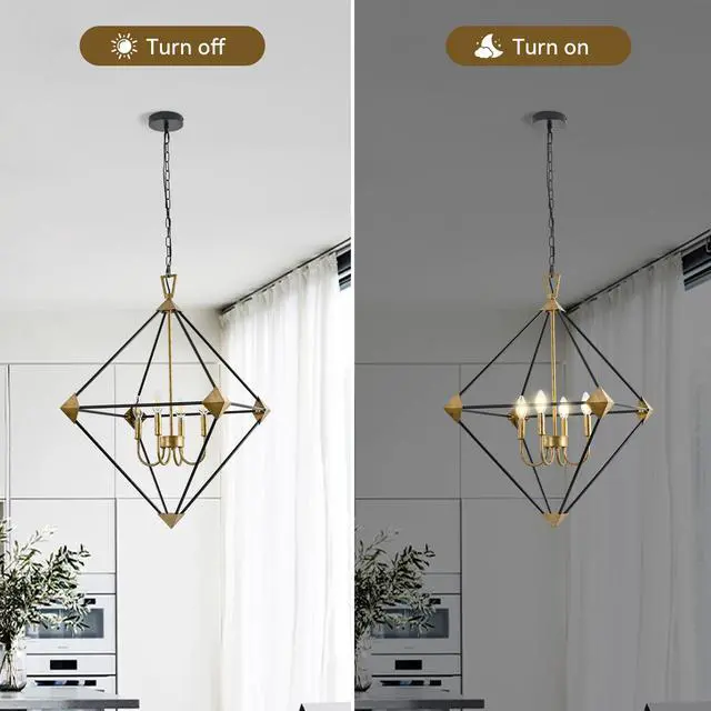 Alt view image 6 of 7 - Modern 4-Light Metal Hanging Lantern Pendant Light Fixtures Matte Black & Antique Gold Finish Lantern Chandeliers (E12 Bulbs Not included)