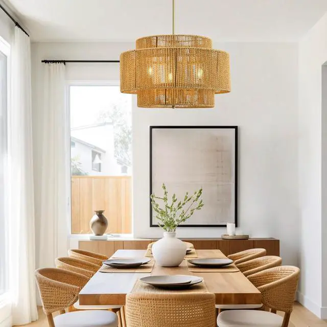 Alt view image 4 of 7 - Boho Rattan Chandelier, 3-Light Rustic Modern Ceiling Light Fixture Pendant Lamp for Dining Room, Living Room, Bedroom, Kitchen Island ((E12 Bulbs Not included))
