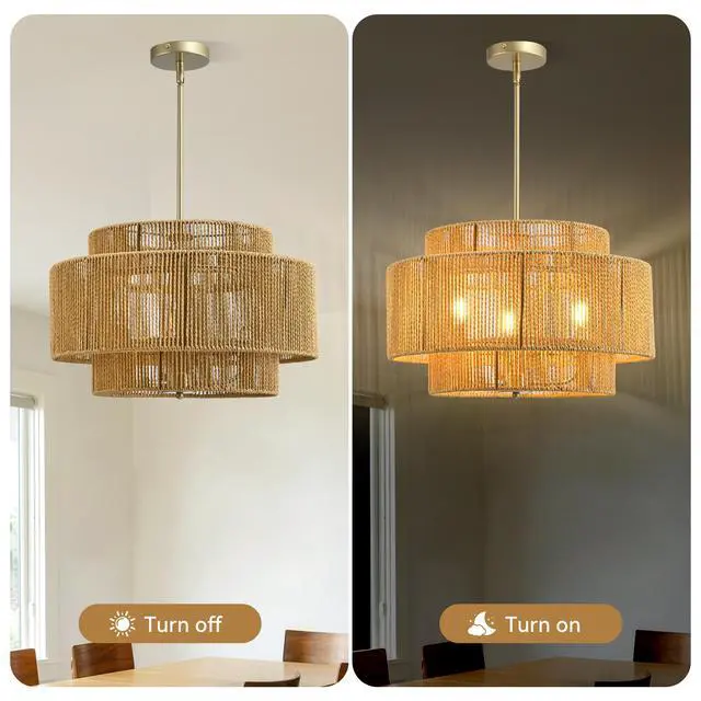 Alt view image 5 of 7 - Boho Rattan Chandelier, 3-Light Rustic Modern Ceiling Light Fixture Pendant Lamp for Dining Room, Living Room, Bedroom, Kitchen Island ((E12 Bulbs Not included))