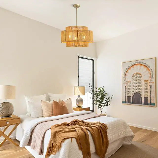 Alt view image 3 of 7 - Boho Rattan Chandelier, 3-Light Rustic Modern Ceiling Light Fixture Pendant Lamp for Dining Room, Living Room, Bedroom, Kitchen Island ((E12 Bulbs Not included))