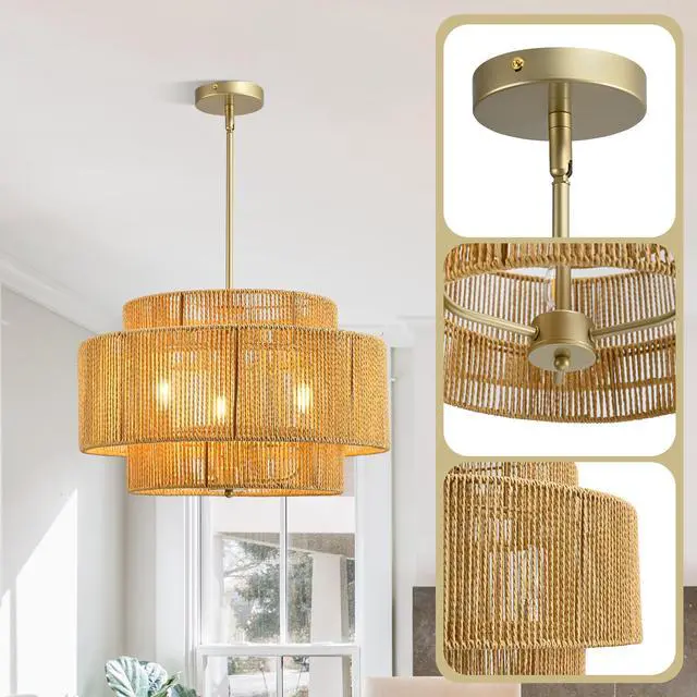 Alt view image 6 of 7 - Boho Rattan Chandelier, 3-Light Rustic Modern Ceiling Light Fixture Pendant Lamp for Dining Room, Living Room, Bedroom, Kitchen Island ((E12 Bulbs Not included))