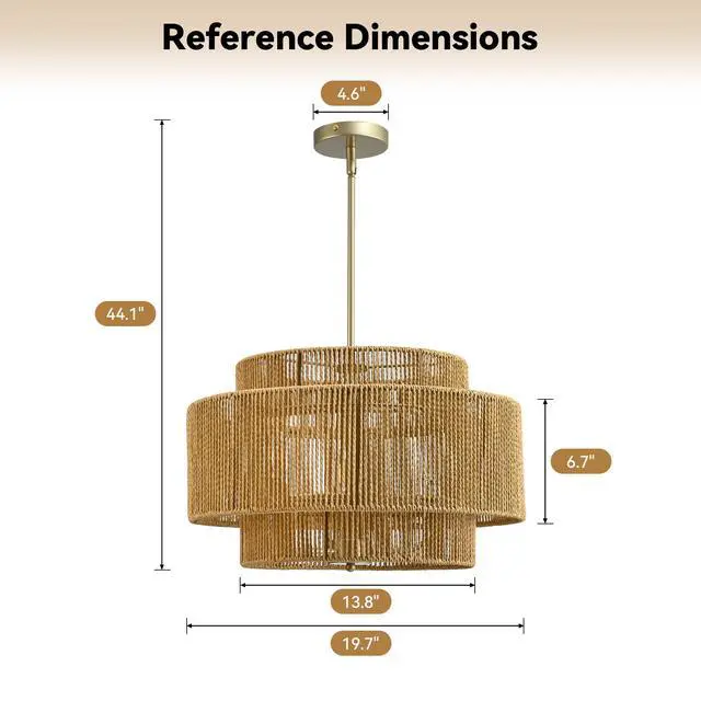 Alt view image 7 of 7 - Boho Rattan Chandelier, 3-Light Rustic Modern Ceiling Light Fixture Pendant Lamp for Dining Room, Living Room, Bedroom, Kitchen Island ((E12 Bulbs Not included))