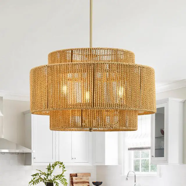 Alt view image 2 of 7 - Boho Rattan Chandelier, 3-Light Rustic Modern Ceiling Light Fixture Pendant Lamp for Dining Room, Living Room, Bedroom, Kitchen Island ((E12 Bulbs Not included))