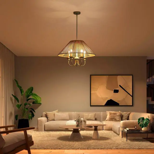Alt view image 5 of 7 - 15Cm Down Rod Pendant Light, Beige Paper Rope Lampshade with Iron, 12Cm Canopy, Boho Hanging Ceiling Light for Dining Room Kitchen Living Room