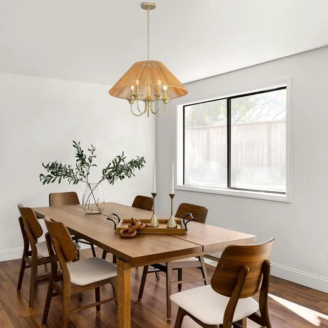 Alt view image 3 of 7 - 15Cm Down Rod Pendant Light, Beige Paper Rope Lampshade with Iron, 12Cm Canopy, Boho Hanging Ceiling Light for Dining Room Kitchen Living Room