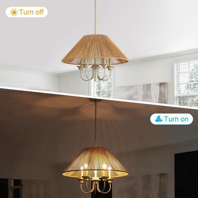 Alt view image 6 of 7 - 15Cm Down Rod Pendant Light, Beige Paper Rope Lampshade with Iron, 12Cm Canopy, Boho Hanging Ceiling Light for Dining Room Kitchen Living Room