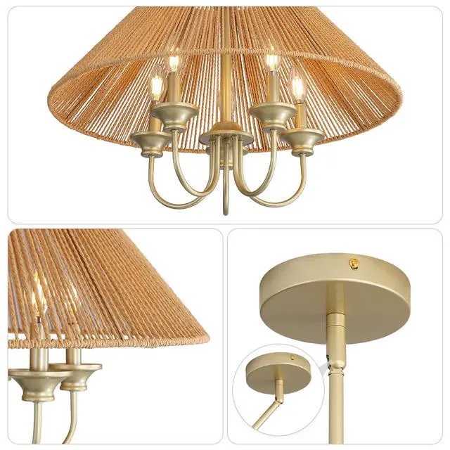 Alt view image 7 of 7 - 15Cm Down Rod Pendant Light, Beige Paper Rope Lampshade with Iron, 12Cm Canopy, Boho Hanging Ceiling Light for Dining Room Kitchen Living Room