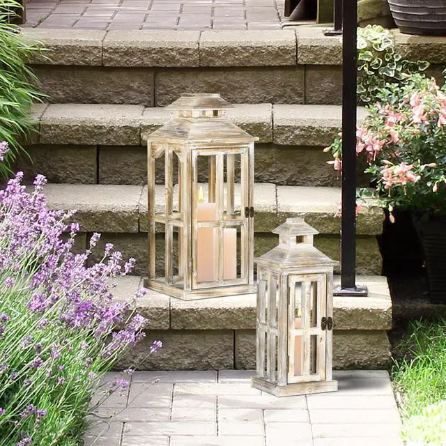Alt view image 3 of 7 - 2 Pack 28"/20" Large Rustic Wooden Lantern Decorative, indoor/Outdoor Lantern for Home Décor (No Glass), Natural