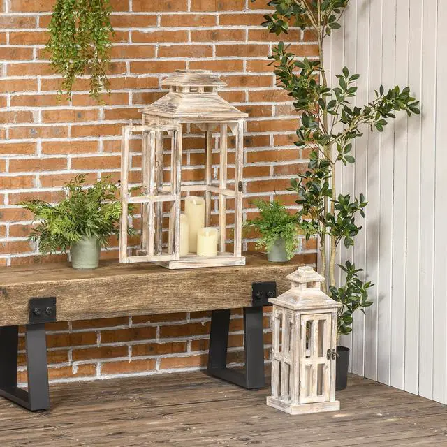 Alt view image 4 of 7 - 2 Pack 28"/20" Large Rustic Wooden Lantern Decorative, indoor/Outdoor Lantern for Home Décor (No Glass), Natural