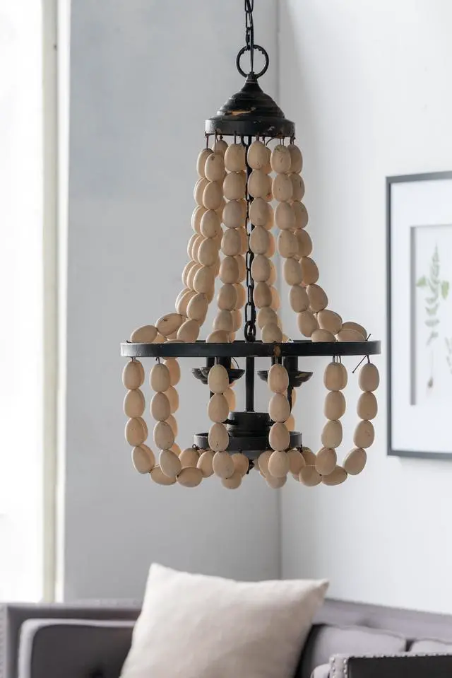 Alt view image 4 of 7 - D18.9x33.1" Large Beaded 4-Light Chandelier, Vintage Style Hanging Light Fixture for Kitchen Dining Room Foyer Entryway, Bulb Not included