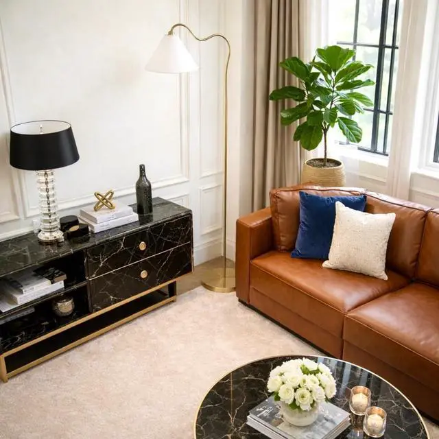 Alt view image 2 of 7 - Majestic Brass Ring Base Curved Floor Lamp with Triangle White Drum Shade