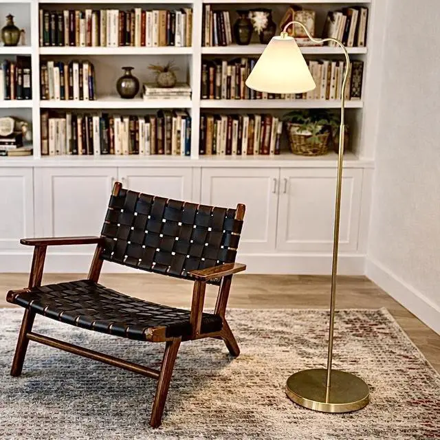 Alt view image 4 of 7 - Majestic Brass Ring Base Curved Floor Lamp with Triangle White Drum Shade