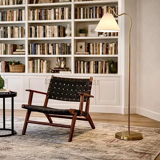 Alt view image 5 of 7 - Majestic Brass Ring Base Curved Floor Lamp with Triangle White Drum Shade