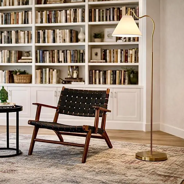 Alt view image 6 of 7 - Majestic Brass Ring Base Curved Floor Lamp with Triangle White Drum Shade