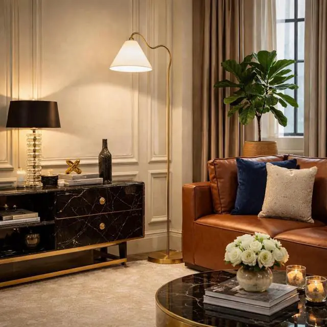 Alt view image 3 of 7 - Majestic Brass Ring Base Curved Floor Lamp with Triangle White Drum Shade